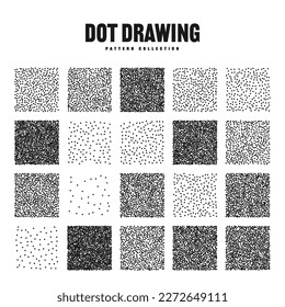 Square shaped dotted objects, stipple elements. Stippling, dotwork drawing, shading using dots. Pixel disintegration, halftone effect. White noise grainy texture, pattern. Vector illustration