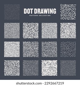 Square shaped dotted objects, stipple elements. Stippling, dotwork drawing, shading using dots. Pixel disintegration, halftone effect. White noise grainy texture, pattern. Vector illustration