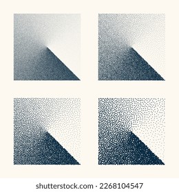 Square shaped dotted objects, vintage stipple elements. Stippling, dotwork drawing shading using dots. Halftone disintegration effect. White noise grainy texture. Fading gradient. Vector illustration