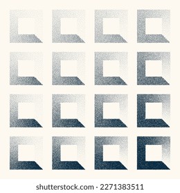 Square shaped dotted objects, vintage stipple elements. Stippling, dotwork drawing shading using dots. Halftone disintegration effect. White noise grainy texture. Fading gradient. Vector illustration