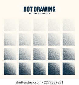 Objets pointillés en forme de carré, éléments en pierre vintage. Étouffement, dessin en pointillés à l'aide de points. Effet de désintégration de demi-teintes. Texture grise du bruit blanc. Dégradé de fondu. Illustration vectorielle