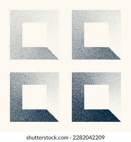 Objetos punteados en forma cuadrada, elementos de un pezón vintage. Sombreado de dibujo con puntas, resistente. Efecto de desintegración de semitono. Textura granulada de ruido blanco. Degradado atenuado. Ilustración del vector