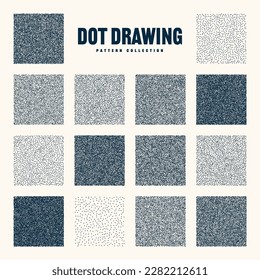 Square shaped dotted objects, vintage stipple elements. Stippling, dotwork drawing, shading using dots. Halftone effect. White noise grainy texture, pattern. Vector illustration