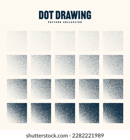 Square shaped dotted objects, vintage stipple elements. Stippling, dotwork drawing shading using dots. Halftone disintegration effect. White noise grainy texture. Fading gradient. Vector illustration
