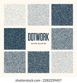 Square shaped dotted objects, vintage stipple elements. Stippling, dotwork drawing, shading using dots. Halftone effect. White noise grainy texture, pattern. Vector illustration