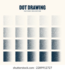 Square shaped dotted objects, vintage stipple elements. Stippling, dotwork drawing shading using dots. Halftone disintegration effect. White noise grainy texture. Fading gradient. Vector illustration