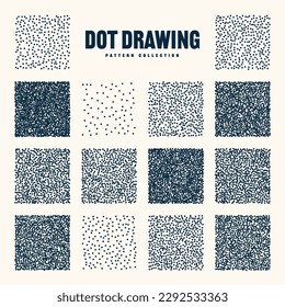 Square shaped dotted objects, vintage stipple elements. Stippling, dotwork drawing, shading using dots. Halftone effect. White noise grainy texture, pattern. Vector illustration