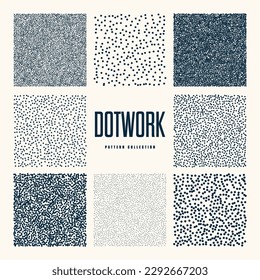 Square shaped dotted objects, vintage stipple elements. Stippling, dotwork drawing, shading using dots. Halftone effect. White noise grainy texture, pattern. Vector illustration
