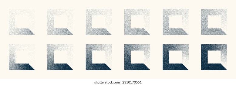 Square shaped dotted objects, vintage stipple elements. Stippling, dotwork drawing shading using dots. Halftone disintegration effect. White noise grainy texture. Fading gradient. Vector illustration