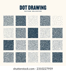 Viereckige gepunktete Objekte, stippige Vintage-Elemente. Pflügen, Zeichnen, Schatten mit Punkten. Halftone Wirkung. Weiße Rauschgraustruktur, Muster. Vektorgrafik