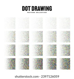 Square shaped dotted objects, vintage stipple elements. Stippling, dotwork drawing, shading using dots. Halftone effect. Colored noise grainy texture, pattern. Vector illustration.