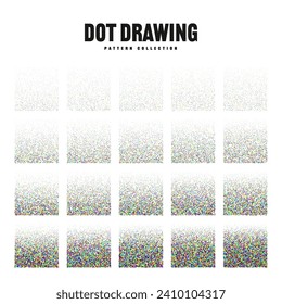 Square shaped dotted objects, vintage stipple elements. Stippling, dotwork drawing, shading using dots. Halftone effect. Colored noise grainy texture, pattern. Vector illustration.