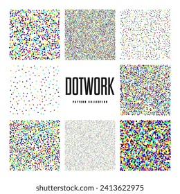 Square shaped dotted objects, vintage stipple elements. Stippling, dotwork drawing, shading using dots. Halftone effect. Colored noise grainy texture, pattern. Vector illustration.