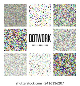Square shaped dotted objects, vintage stipple elements. Stippling, dotwork drawing, shading using dots. Halftone effect. Colored noise grainy texture, pattern. Vector illustration.