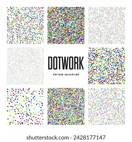 Square shaped dotted objects, vintage stipple elements. Stippling, dotwork drawing, shading using dots. Halftone effect. Colored noise grainy texture, pattern. Vector illustration.