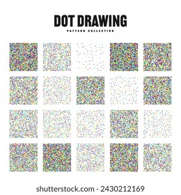 Square shaped dotted objects, vintage stipple elements. Stippling, dotwork drawing, shading using dots. Halftone effect. Colored noise grainy texture, pattern. Vector illustration.