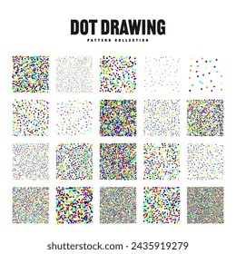 Square shaped dotted objects, vintage stipple elements. Stippling, dotwork drawing, shading using dots. Halftone effect. Colored noise grainy texture, pattern. Vector illustration.