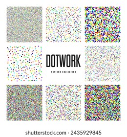 Square shaped dotted objects, vintage stipple elements. Stippling, dotwork drawing, shading using dots. Halftone effect. Colored noise grainy texture, pattern. Vector illustration.