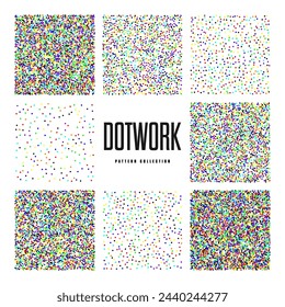Square shaped dotted objects, vintage stipple elements. Stippling, dotwork drawing, shading using dots. Halftone effect. Colored noise grainy texture, pattern. Vector illustration.