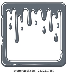 A square shaped frame with dark gray melting liquid dripping down from the top edge with separate droplets on a white background