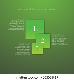 Square shaped green edition of an abstract geometric vector simple menu with three elements for ranking, web design, brochure, infographics, listing or touchscreen layout for numbering & navigation