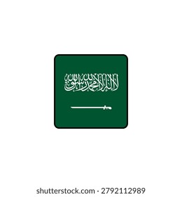 Square shaped icon showcasing official national flag of Saudi Arabia with green field white arabic calligraphy and sword symbol isolated on white background for design.