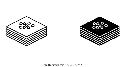 Square shaped indian milk cake barfi illustration featuring layered texture and nut topping in line and solid style for bakery shop branding and traditional south asian dessert presentation.
