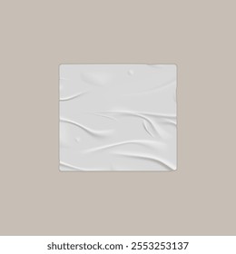 Una hoja cuadrada de papel blanco con una textura húmeda y arrugada y Pequeños pliegues, aislada sobre un fondo beige. Realismo. Estilo grunge. Minimalismo. Elemento de diseño decorativo. Ilustración vectorial.