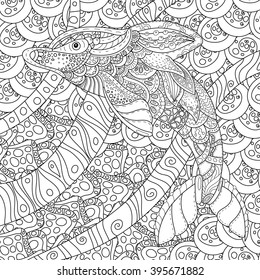 square shaped zentangle stylized image of totem animal: dolphin. Adult anti stress page for coloring book. Hand drawn illustration in doodle style. 