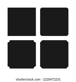 Square shapes, corner cut icon set. A group of 4 squared symbols with various cuts on selected corners. Isolated on a white background.