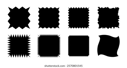 Square shapes with jagged borders. Frames with zigzag, sharp, corrugated and curved edges. Vector illustration set isolated on transparent for stickers, tags, labels, stamps, badges.