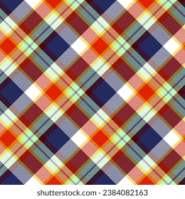 Square shapes of red, blue, white, yellow, green, alternating diagonal purple lines, bright colors. Vector illustration for scarves, dresses, flannel shirts, skirts, other modern fashion fabric design