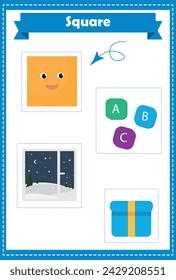 Square. Shapes study page. Preschool or kindergarten worksheet with different Square illustrations. 
