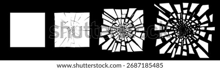 Square shattered glass pattern with flying fragments. Abstract burst vector background in black and white. Perfect for motion, explosion or sci fi digital effect concepts.