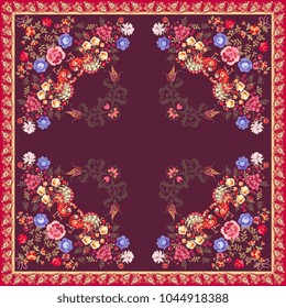 Square shawl  or carpet in ethnic style. Fairy peacocks with tails in shape of bouquets of garden flowers and wings in form of paisley on dark purple background. Indian, russian motives. Vector design
