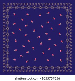Square shawl with ditsy floral pattern and golden ornamental frame in country style. Russian motives. Beautiful fantasy tulips isolated on dark blue background. Vector illustration.