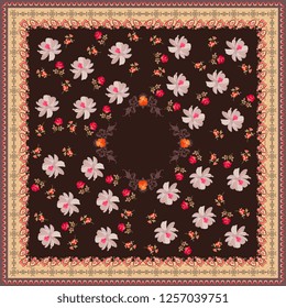 Square shawl with garden flowers and paisley ornament on brown background. Fashionable print for fabric.