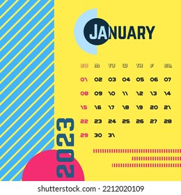 hoja cuadrada del calendario 2023 en estilo retro con formas geométricas