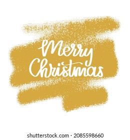 Square shiny card made of scattered glitter on the background and the inscription Merry Christmas! Text hand lettering in white. Isolated on white.