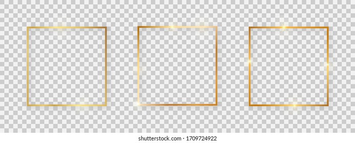 Square shiny frames with glowing effects. Set of three gold square frames with shadows on transparent background. Vector illustration