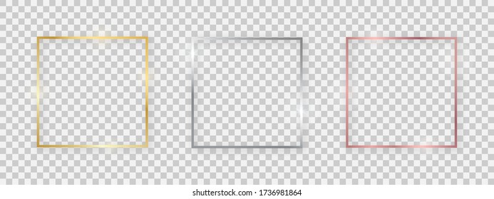 Square shiny frames with glowing effects. Set of three gold, silver and rose gold square frames with shadows on transparent background. Vector illustration