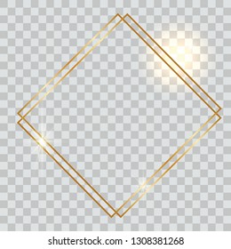 Square shiny gold frame with shadows, on a transparent background. Golden realistic frame. Vector illustration
