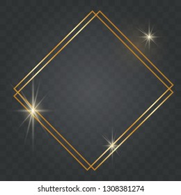 Square shiny gold frame with shadows, on a black transparent background. Golden realistic frame. Vector illustration