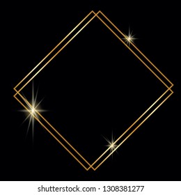 Square shiny gold frame with shadows, on a black transparent background. Golden realistic frame. Vector illustration