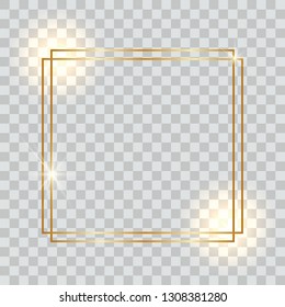 Square shiny gold frame with shadows, on a transparent background. Golden realistic frame. Vector illustration