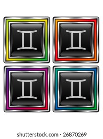 Square shiny vector button with gemini zodiac icon on black background