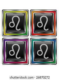 Square shiny vector button with leo zodiac icon on black background
