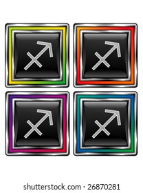 Square shiny vector button with sagittarius zodiac icon on black background