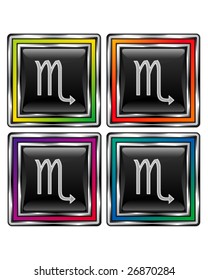Square shiny vector button with scorpio zodiac icon on black background