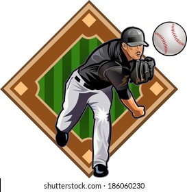 Square shot. Baseball Pitcher and Field